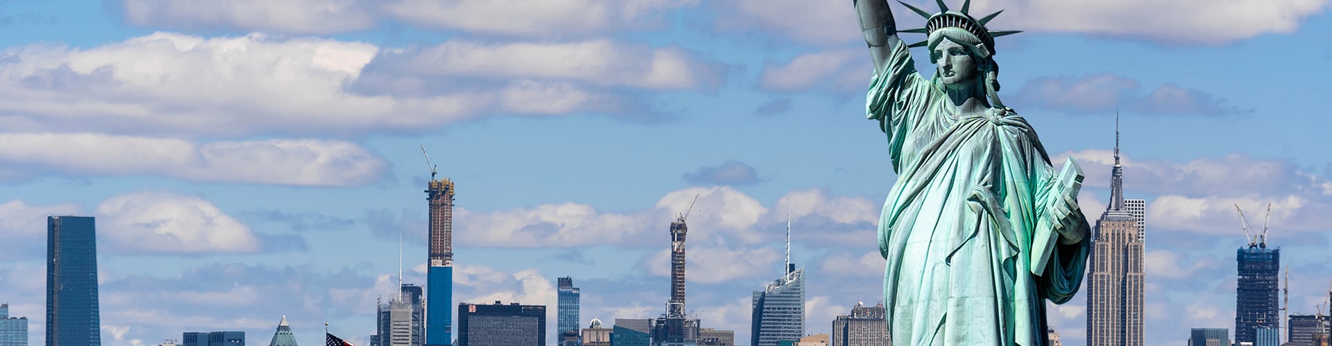 Statue of liberty with Manhattan skyline on the back